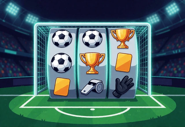 Fu&szlig;ball-Slot mit Torlinie, Ball, Pokal und Walzensymbolen vor neonbeleuchtetem Stadion - Fu&szlig;ball-Spiele bei Zoccer