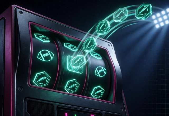 Neon-Slotwalze schleudert leuchtende Freispiel-Token nach oben - Mechanik der Freispiele im Zoccer Casino