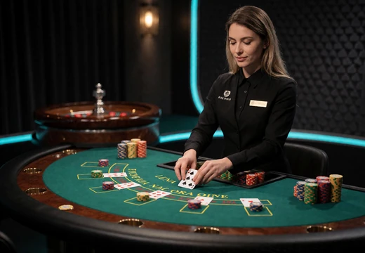 Live-Dealerin am Blackjack-Tisch im Studio - Live Casino Deutschland bei Zoccer