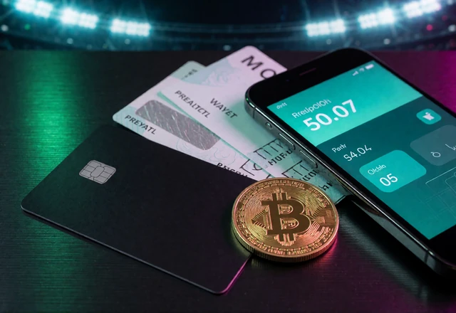 Bankkarte, Prepaid-Voucher, Smartphone-Wallet und Krypto-M&uuml;nze nebeneinander - &Uuml;bersicht der Zahlungsmethoden bei Zoccer Casino