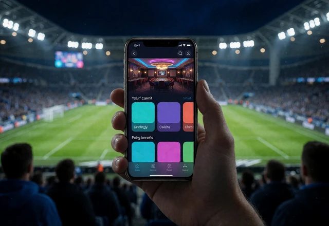 Hand mit Smartphone auf dem Stadionrang zeigt die Casino-Lobby im mobilen Browser bei Zoccer