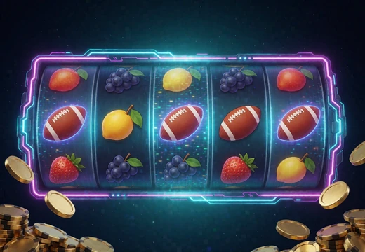 Neon-Slot-Walzen mit Frucht- und Fu&szlig;ballsymbolen - Slot-Lobby im Zoccer Casino