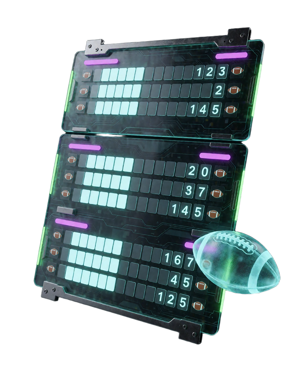 Schwebendes holografisches Quotenboard mit Fu&szlig;ball-Symbolen - Sportwetten und Bundesliga tippen bei Zoccer
