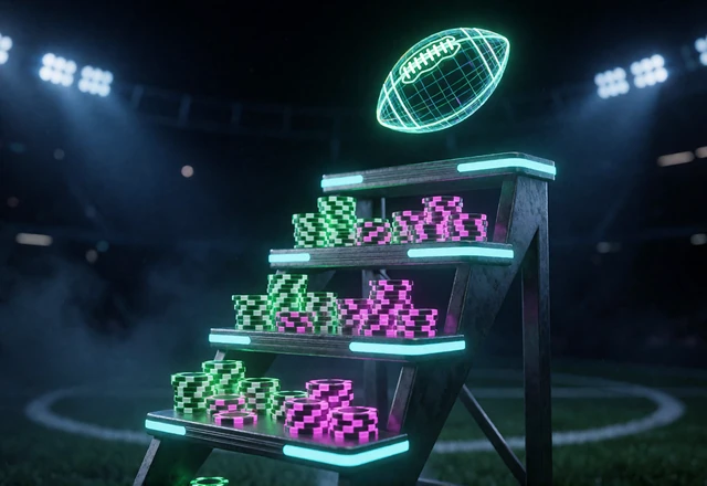 Neon-Bonusleiter aus Trikotnummern und Casino-Chips im Cyber-Stadion - Stufenlogik der Zoccer Bonusaktionen