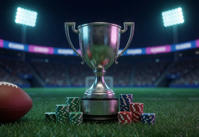 Pokal mit Casino-Chips auf beleuchtetem Stadionrasen - Sinnbild f&uuml;r die VIP-Stufen im Zoccer Casino