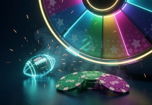 Leuchtendes Bonusrad mit Freispiel-Token und Chips - Bonusangebote im Zoccer Casino