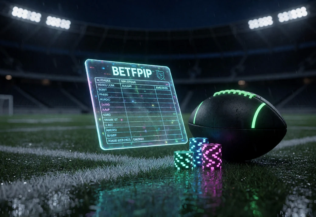 Holografischer Wettschein mit Casino-Chips und Fu&szlig;ball auf beleuchtetem Stadionrasen - Wechsel vom Wettschein ins Casino bei Zoccer